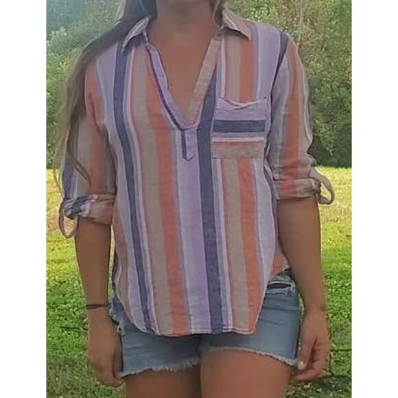New York & Company button back linen blend top purple tan stripe large - Picture 1 of 3